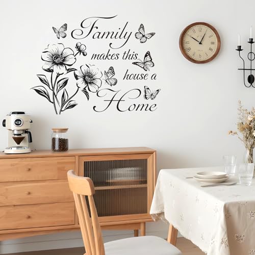 Family Makes This House a Home - Wall Quote Decals with Floral & Butterfly, Inspirational Quote Wall Stickers for Living Room, Bedroom, Glass Window, Removable Vinyl Decor