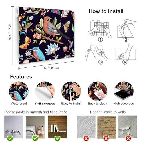 Vintage Black Floral Bird Peel and Stick Wallpaper Dark Botanical Design with Butterfly Removable Self Adhesive Vinyl Contact Paper for Cabinets Bathroom Wallpaper 17.7" x 70.8"