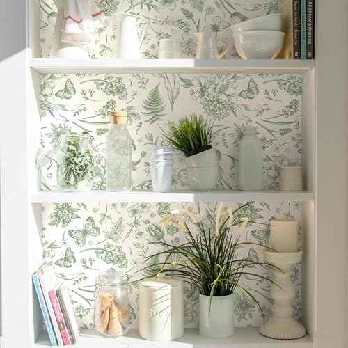 Peel and Stick Wallpaper Floral White Green Flower Contact Paper Butterfly Boho 78.7" x 17.3" Removable Wallpaper Self-Adhesive for Bedroom Waterproof Shelf Liner Decal Vinyl Roll