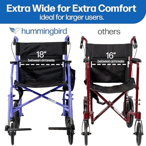 Platinum Health Hummingbird™ Ultra-Lightweight Foldable Transport Wheelchair, Handbrakes,12-Inch Rear Wheels, Extra-Wide Seat. Convenient Table-Length Padded Armrests. (Dusk Purple)