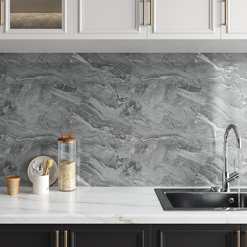 VaryPaper 15.7''x78.7'' Glossy Silver Grey Marble Contact Paper for Countertops Waterproof Peel and Stick Wallpaper Marble Vinyl Wrap for Cabinets Table Desk Removable Self Adhesive Granite Wall Paper