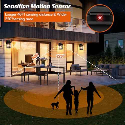Motion Sensor Outdoor Wall Light Black, Dusk to Dawn Outside Porch Light Fixture Wall Mount, Waterproof Exterior Light Fixture with Seeded Glass, Matte Black Wall Sconce Lantern for House Patio Garage
