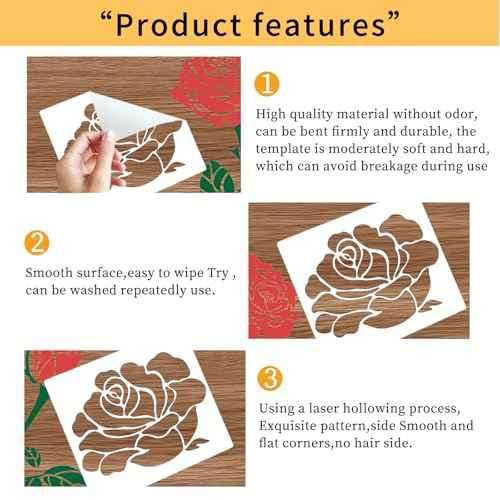 9pcs Large Rose Stencil 12X12Inch - Reusable & Easy Clean Giant Rose Template with Instructions for Walls, Wood, Fence, Fabric & More (Rose)