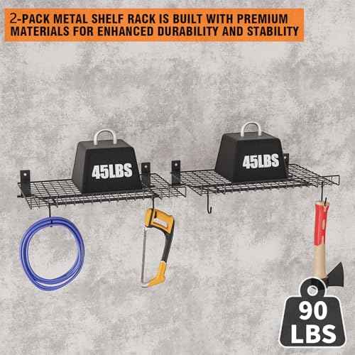 2 Pack Foldable Wall Shelf, Wall Mounted Garage Storage Shelves, Heavy Duty Wall Shelving Supports Up To 90 LBS. Floating Shelves With 4 Hooks Metal Storage Rack for Office, Kitchen and Laundry Room