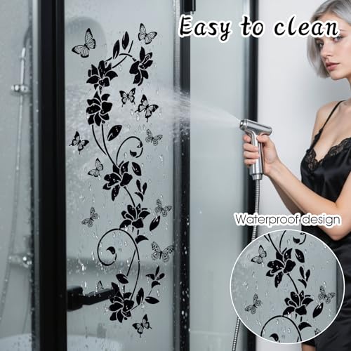 Black Flower Vine Butterfly Wall Stickers Art Design Wall Sticker Anti-Collision Window Vinyl Sticker Butterfly Glass Door Walls Decor for Bathroom Bedroom Kitchen Home Decorations