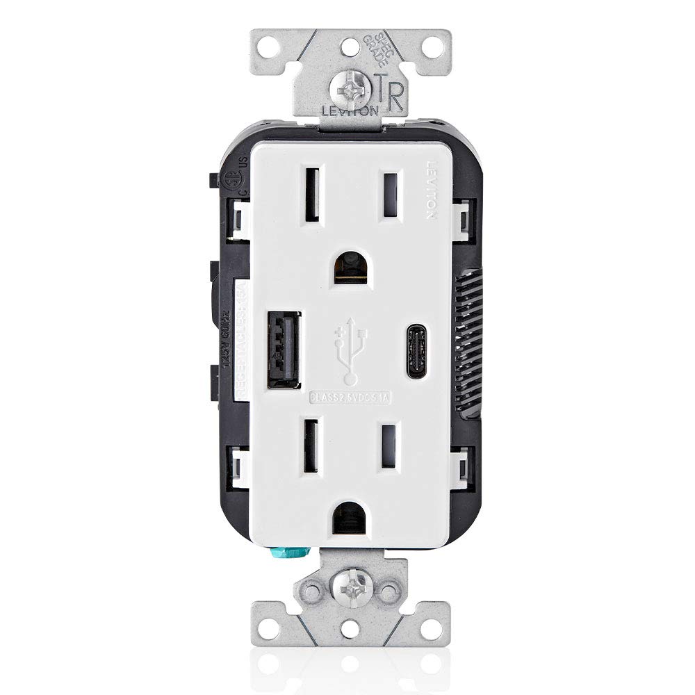 Leviton Type A & Type-C USB In-Wall Charger with 15A Tamper-Resistant Outlet, USB Charger for Smartphones and Tablets, Not for Laptops, T5633-W, White