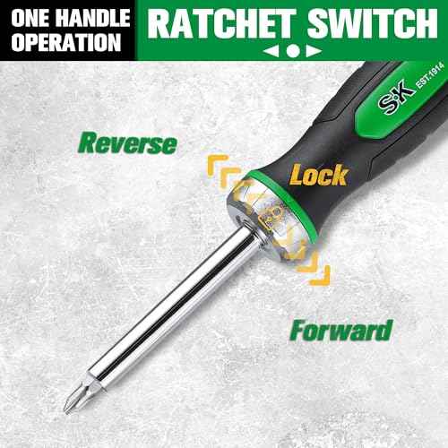SK 7-in-1 Ratcheting Screwdriver, 216-P, 6 Bits (Phillips, Star, Slotted), 1 Nut Driver Size (1/4 Inch), S2 Steel, SureGrip Handle