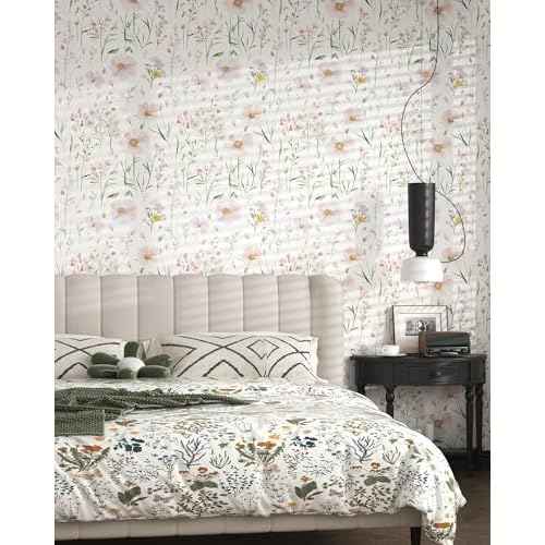 Floral Peel and Stick Wallpaper Boho Contact Paper Self Adhesive Removable Wallpaper Pink Floral 17.3''x78.7'' White Wildflowers Wall Paper for Bedroom Bathroom Art Deco Wall Papers Vinyl Roll