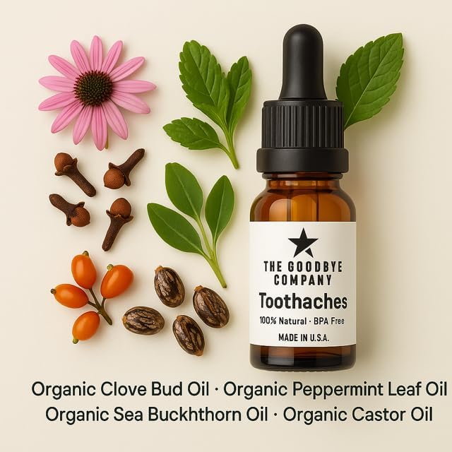 The Goodbye Company Organic Clove Toothache Relief Oil – Undiluted Blend with Peppermint Leaf, Sea Buckthorn & Castor Oil – Natural Tooth & Gum Comfort Formula – 15 mL Glass Dropper – Made in USA