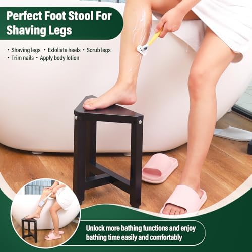 TYYIHUA Shower Foot Stool for Shaving Legs 13.2", Bamboo Shower Stool for Inside Shower, Corner Shower Foot Rest for Small Spaces, Waterproof Small Shower Bench for Bathroom, Black
