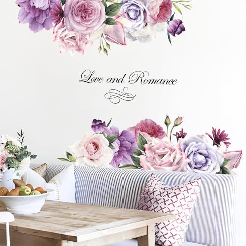 Supzone Purple Rose Peony Wall Stickers Large Flower Bouquet Blossom Wall Decals Self-Adhesive Love Theme Wall Art Decals for Valentine's Day Living Room Bedroom Door Furniture Sofa TV Backdrop Decor