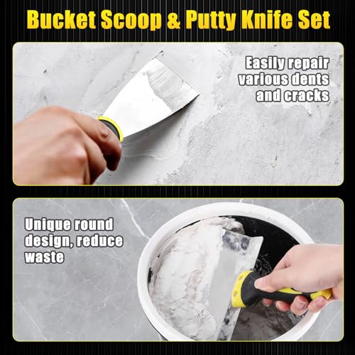 Bucket Scoop - 6.5" Arc-shape Stainless Steel Bucket Scraper and 4" Putty Knife Set - Rustproof Bucket Scoop for Drywall, Plaster - Scraper Hand Tool with Soft-Grip Handle