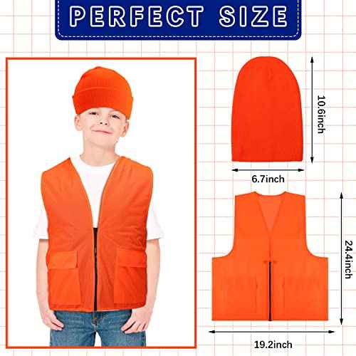 Jiuguva 6 Pcs Kids Hunting Safety Vest and Hat Set - Blaze Orange Construction Vest and Knitted Hat for Boys Girls