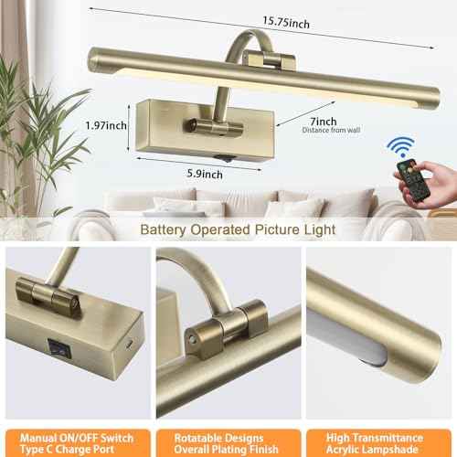 LED Picture Lights for Wall Rechargeable, Battery Operated Art Light for Paintings Wireless,15.7inch Antique Bronze Gallery Light for Artwork