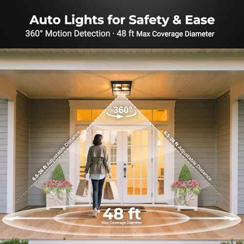 Motion Sensor Outdoor Ceiling Light with Remote, Distance and Time Adjustable Outside Flush Mount Ceiling Light, 5 Modes Porch Lights Outdoor Ceiling for Garage, Porch, Entryway, Black, Square