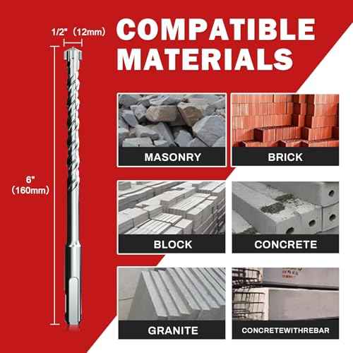10 Pack 1/2" x 6" SDS Plus Rotary Hammer Drill Bits Set, Cross Carbide Tip, Heavy Duty Masonry Drill Bits for Concrete, Brick Hammer Drill Bits - Concrete Drill Bit Set