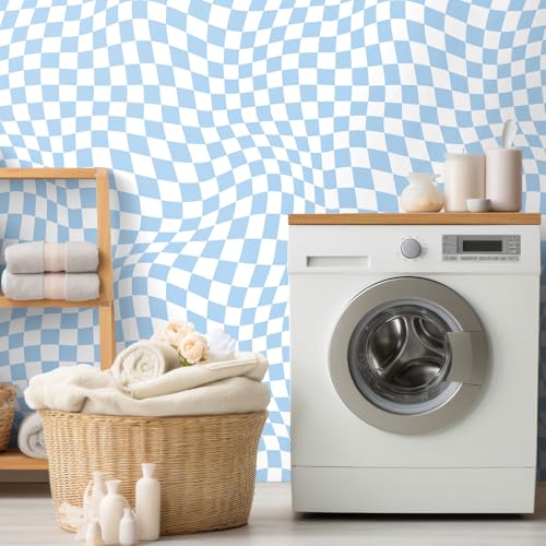 15.75''x118'' Checkered Peel and Stick Wallpaper Aesthetic Removable Contact Paper Preppy Wallpaper Decorative Checkerboard Decor for Cabinets(Light Blue)
