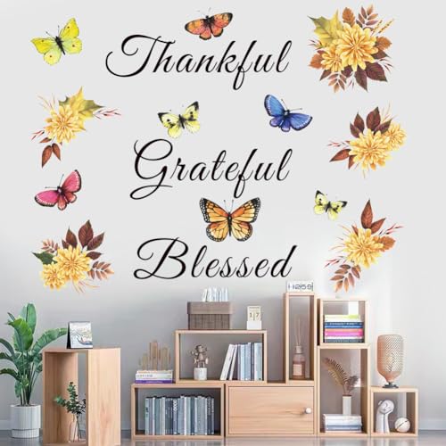 Inspirational Wall Decal Quote Grateful Thankful Blessed Wall Decor Removable Peel and Sticker Vinyl Wall Paper Wall Sticker for Kitchen Dining Room Living Room Bedroom.