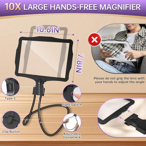 10X Magnifying Glass with Light, Hands Free Large Magnifying Glass for Reading, Full Book Page Magnifiers Flexible Gooseneck Magnifier for Reading Repair Sewing Low Vision