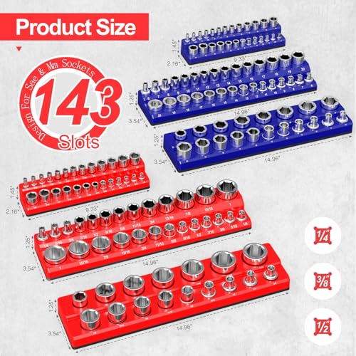 Luney 6PCS Magnetic Socket Organizer Set, Socket Holder Set for 1/2", 1/4" & 3/8" SAE & Metric Trays, Tool Box Organizer Holds 143pcs Sockets(Socket not Included)
