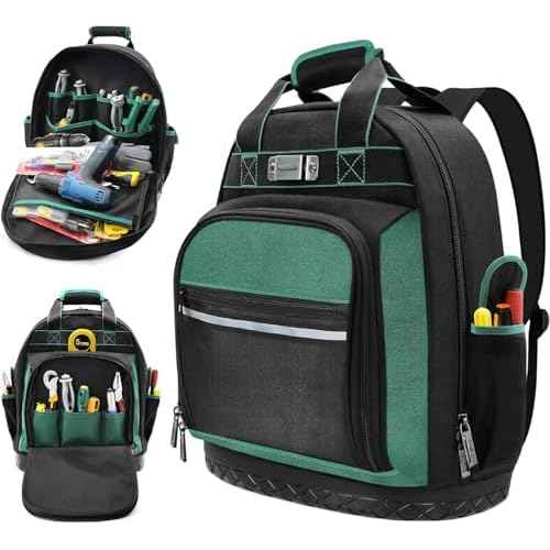 Tool Backpack Heavy Duty with Hard Bottom, Tool Backpack for Men, Electrician Bag, 15 Pockets, Waterproof Construction Backpack for HVAC, Mechanics, and Jobsite