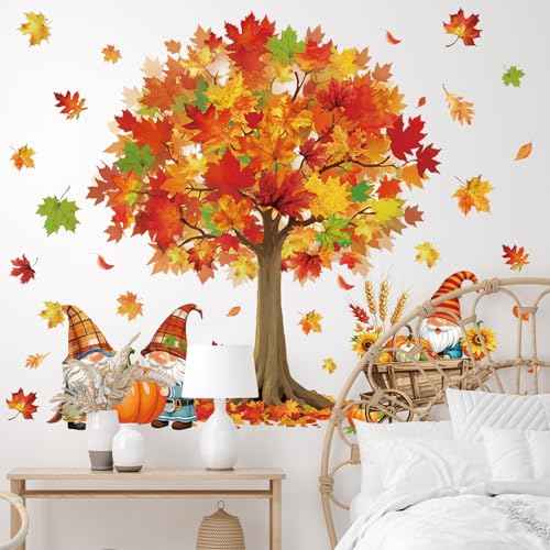 Fall Wall Stickers Maple Tree Leaves Gnome Wall Stickers Peel and Stick Large Room Mural Decals for Autumn Harvest Thanksgiving Party Home Nursery Bedroom Decor