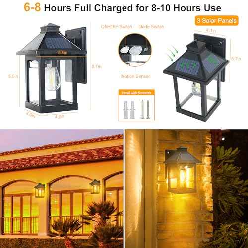 2 Pack Solar Powered Wall Lantern Lights with 3 Lighting Modes, LED Dusk to Dawn Solar Sconce Outdoor Wall Mount, Motion Sensor Front Porch Lights Fixtures Waterproof for Patio Garage