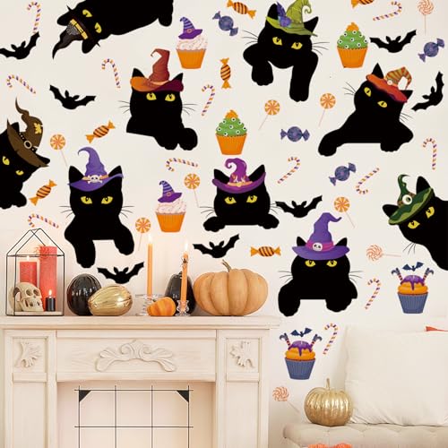 Halloween Window Decorations,Black Cat Halloween Window Clings,Pumpkin Black Cat Theme Wall Stickers,Haunted House Decor,All Hallows' Day Bat Candy Dessert Wall Decals for Home Room Kitchen