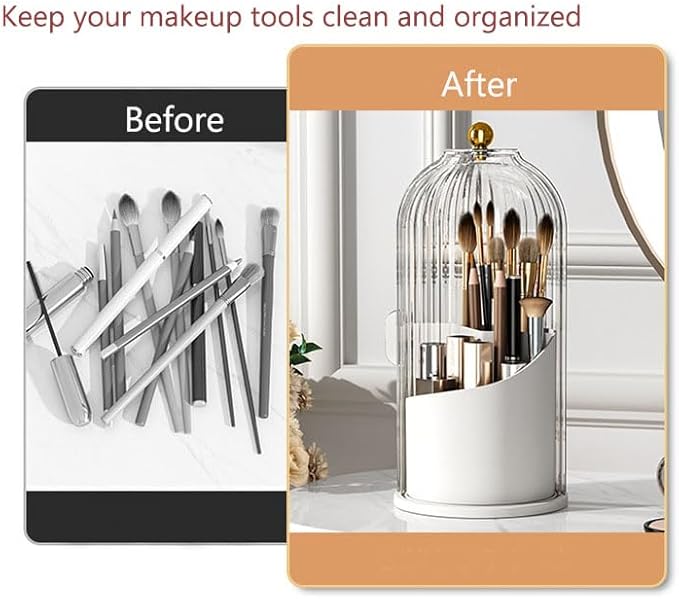 360°Rotating Makeup Brushes holder with Lid，Make Up Organizers and Storage for Vanity Countertop or Bedroom Dresser（Transparent white）