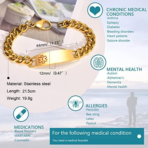 VNOX Medical Alert ID Bracelet - Mens Womens Stainless Steel ID Tag Medical Alert Emergency Bracelet,7.2/8/8.4 Inches