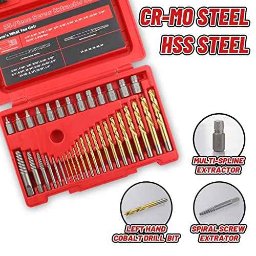 39 Pcs Screw Extractor Set, 6542/4341 HSS Left Hand Drill Bit Set, Easy Out Extractor Set Multi-Spline Stripped Screw Extractor Set for Removing Damaged Broken Rusted Nuts, Bolts