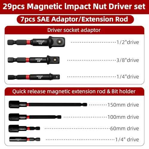 WISEUP 29PCS Magnetic Nut Driver Set£¬Impact Drill Driver Bit Set & 1/4" Hex Shank£¬Cr-V Steel SAE & Metric Power Nut Drivers£¬Includes Magnetic Bit Holder, Quick Release Extension with Storage Bag