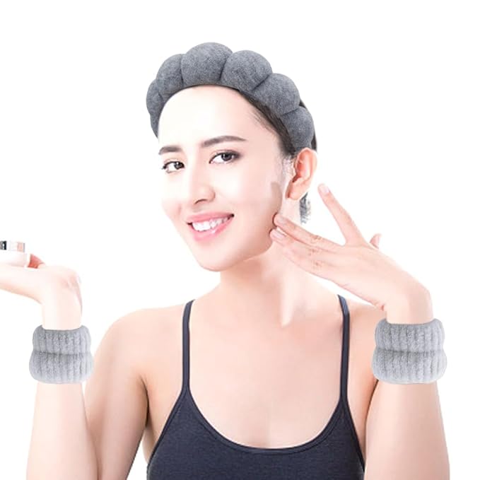 SPA Headbands for Washing Face Makeup Headbands with Bow Hair Band Women Facial Head Band Wrist Towel Wraps For Shower Face Mask Gray Black, 6 Pack