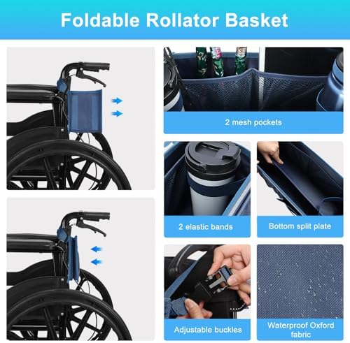 supregear Wheelchair Basket for Back, Large Capacity Wheelchair Backpack Organizer Bag with Multiple Pockets and Cup Holder, Waterproof Storage Pouch for Seniors, Dark Blue