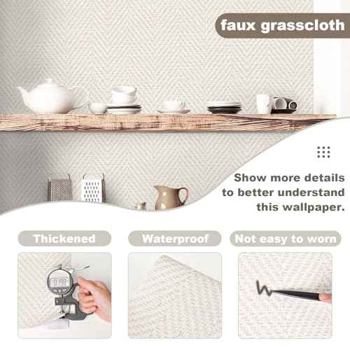 Rugreat Striped Grasscloth Wallpaper Peel and Stick Textured Grass Cloth Contact Paper for Cabinets Herringbone Fabric Wallpaper for Bedroom Beige Faux Linen Contact Paper Removable 78.8inL 17.3inW