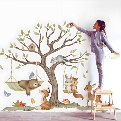 Jungle Animal Wall Stickers Big Tree Fox Sika Deer Safari Wall Decals Kid Room Nursery Baby Bedroom D?cor