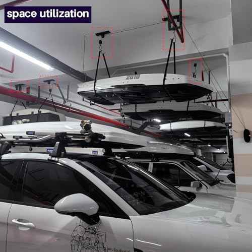 Cargo Box Ceiling Hoist ? Garage Pulley Lift System for Rooftop Cargo Carrier Fits Garage or Shed with 100lb Capacity for Bicycles or Ladders or Roof Luggage Box or Roof Luggage Frame