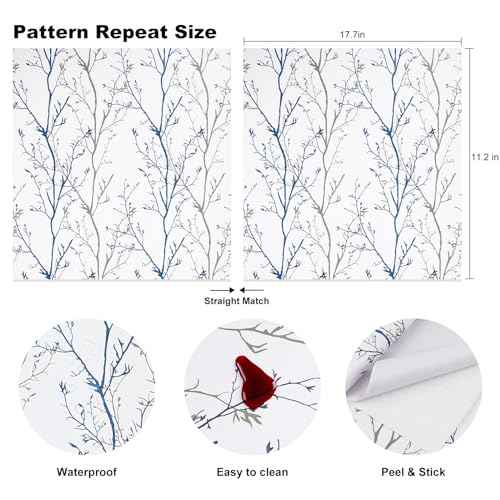 Grey Blue Tree Branches Peel and Stick Contact Paper 17.7" x 78.7" Modern Tree Branch Removable Wallpaper Natural Wall Paper Self-Adhesive Vinyl for Drawer Liner Furniture Crafts Accent Walls