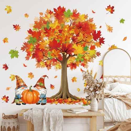 Fall Wall Stickers Maple Tree Leaves Gnome Wall Stickers Peel and Stick Large Room Mural Decals for Autumn Harvest Thanksgiving Party Home Nursery Bedroom Decor