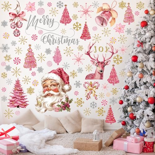 80 Pcs Pink Merry Christmas Wall Sticker Santa Claus Christmas Window Decals Xmas Snowman Poinsettia Flowers Stickers Decor, Winter Snowflakes Holiday Kitchen Party Home Decorations