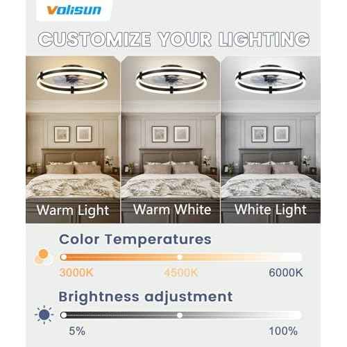 VOLISUN Ceiling Fans with Lights and Remote, 19.7in Low Profile Ceiling Fans with Light, 3000K-6500K Dimmable Fandelier Ceiling Fan, Black Flush Mount Ceiling Fan for Bedroom