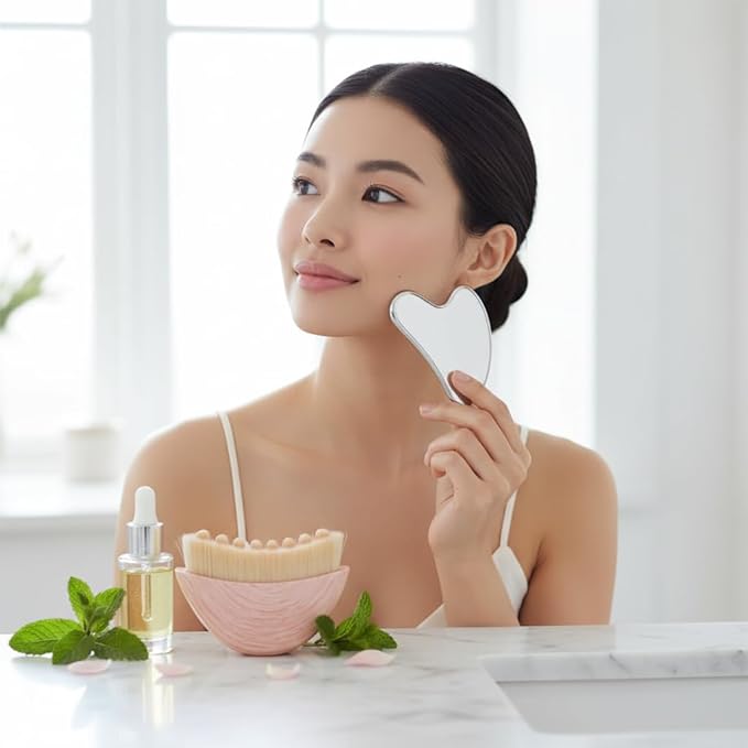 Lymphatic Contour Face Brush with Stainless Steel Gua Sha Tool - 1 Pcs Lymphatic Face Brushes with GuaSha Tool for Sculpting | Gua Sha Facial Tools | Facial Brush for Lymphatic Drainage Brushes (Pink)