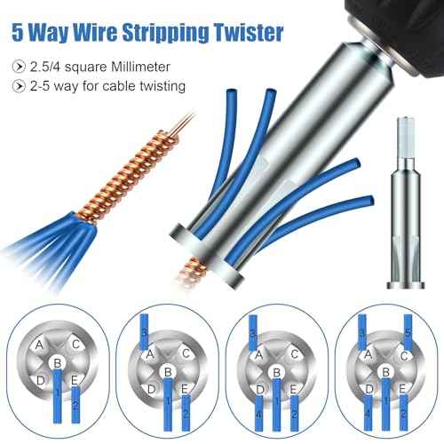 Feekoon Wire Twisting Tool, 3 Way/ 5 Way Wire Stripping Tools and 6mm Hex Shank Cable Twister Tool, Wiring Stripper and Twister, Wiring Twisters Bit for Power Drill, Cable Twisters Connector