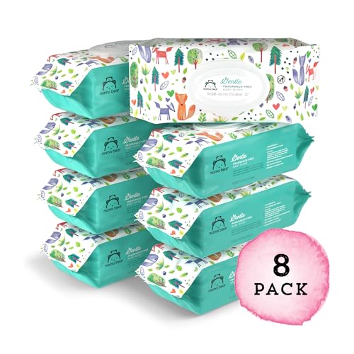 Amazon Brand - Mama Bear Gentle Formulated without Fragrance Baby Wipes, Hypoallergenic, Sensitive Skin, Unscented, 800 Count (8 Packs of 100)