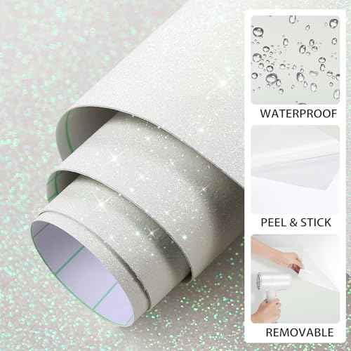 ReWallpaper Shiny Off-White Glitter Wallpaper Peel and Stick Iridescent White Wallpaper for Bedroom Removable Sparkle Wall Covering Decorative Contact Paper for Crafts DIY Dresser Jewelry 15.8inx10ft