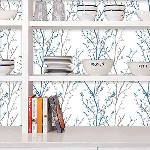 WENMER Grey Blue Tree Branches Contact Paper 17.71' x 118' Peel and Stick Self-Adhesive Removable Wallpaper for Bedroom Living Room Walls