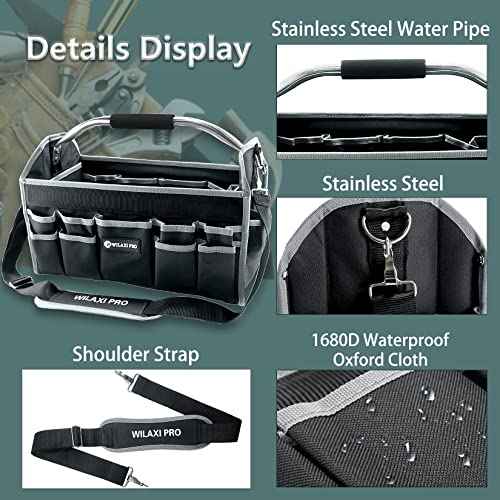 16in Tool Bags For Men Heavy Duty, Tool Bag Organizer Foldable Open Top Tool Bags, Tool Tote Bag With Handle, Wide Mouth Electrician Tool Tote, 22 PCS Pockets Tool Carrier, Grey