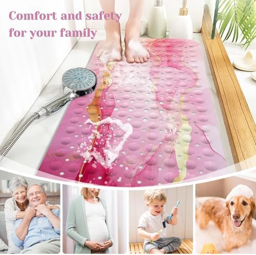 Marble Bath Tub Mat Non Slip, Pink Marble Non Slip Bath Mat for Shower, Large Washable Shower mats for Showers with Drain Holes and Suction Cups,40 X 16 Inch