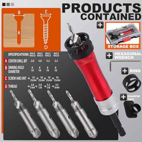 Metal Countersink Drill Bit Set 10-in-1 with Depth Stop, 4 Reversible Heads & Vertical Pilot Adjustable - Hex Shank & Phillips Bit for Hardened Steel/Woodworking, Hex Key & Chamfer Tool Includ
