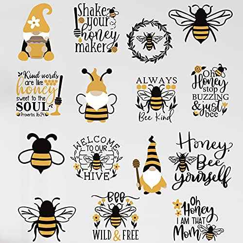 15 Pcs Bee Gnome Wall Decals Honey Bee Window Decor Clings Inspirational Quotes Window Stickers Honeybee Vinyl Gnome Wall Decals for Kitchen Office Fridge Decorations Party Supplies